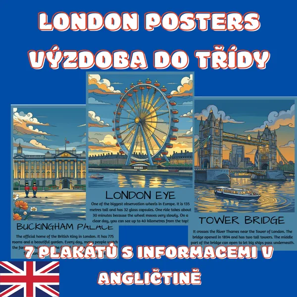 London - posters, 7 plakátů k výzdobě třídy s londýnskými památkami a základními informacemi