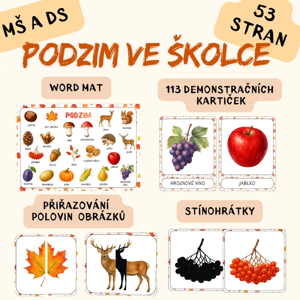 Podzim ve školce - demonstrační kartičky, přiřazování polovin a stínohrátky