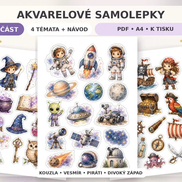 Set Samolepek v akvarelovém stylu, různá témata (1. část)