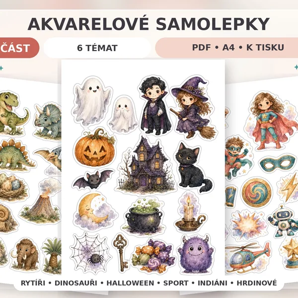 Set Samolepek v akvarelovém stylu, různá témata (2. část)