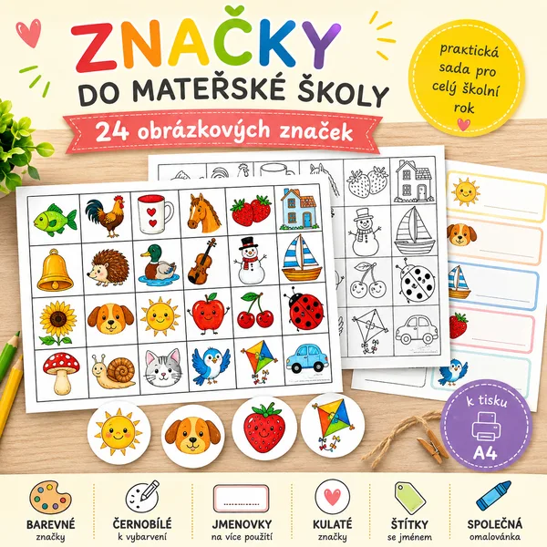 ZNAČKY DO MATEŘSKÉ ŠKOLY - 24 obrázkových značek