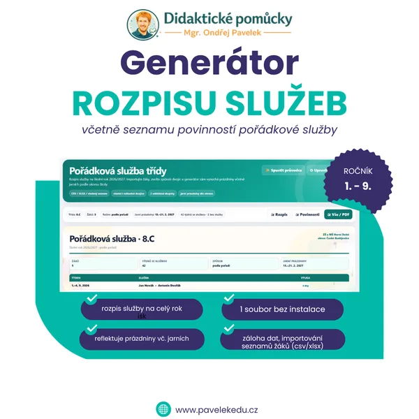 Generátor rozpisu pořádkové služby 2026/27