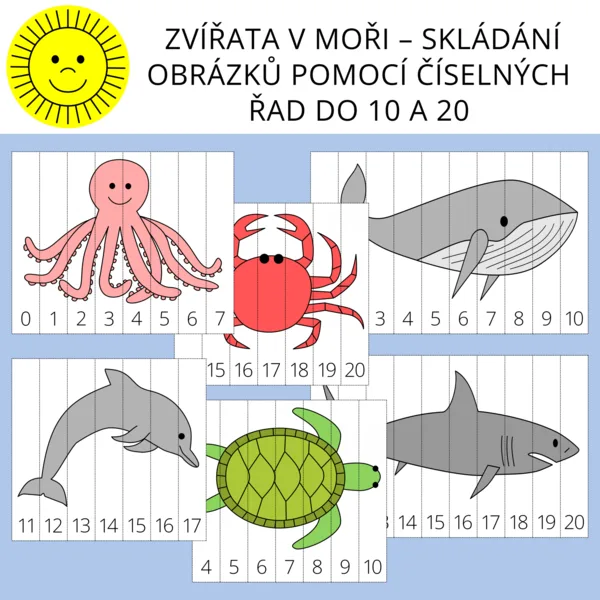 ZVÍŘATA V MOŘI – SKLÁDÁNÍ OBRÁZKŮ POMOCÍ ČÍSELNÝCH ŘAD DO 10 A 20