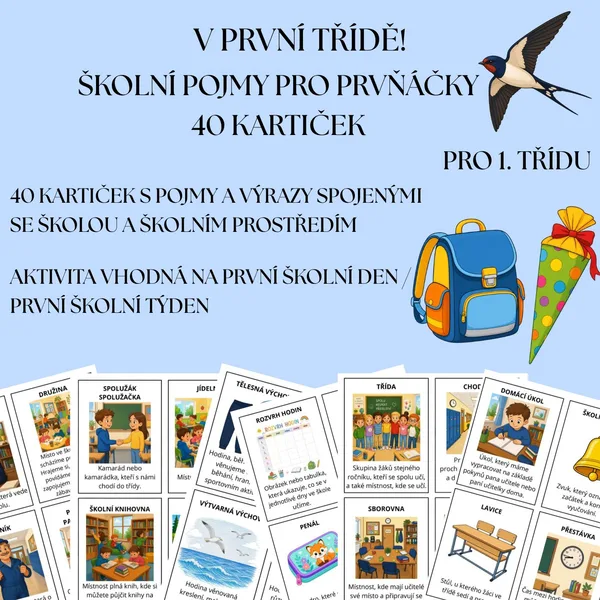 KARTIČKY - ŠKOLNÍ POJMY PRO PRVŇÁČKY, 40 KARTIČEK, ZAČÁTEK PRVNÍ TŘÍDY (ZÁŘÍ)