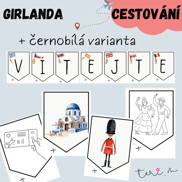 GIRLANDA - téma CESTOVÁNÍ + černobílá verze