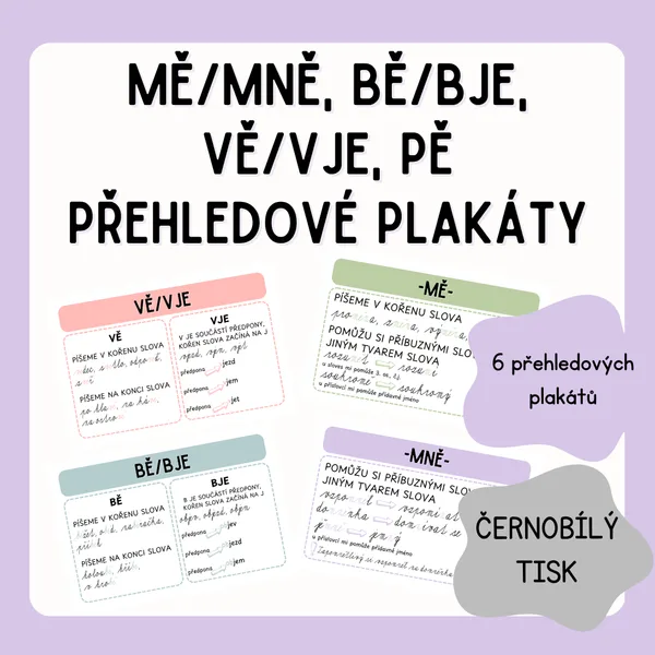 Mě/mně, bě/bje, vě/vje, pě - přehledové plakáty - pastel