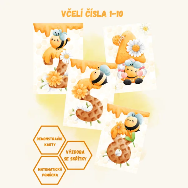 Včelí čísla 1-10 ( Demonstrační karty, výzdoba a matematická pomůcka do MŠ)