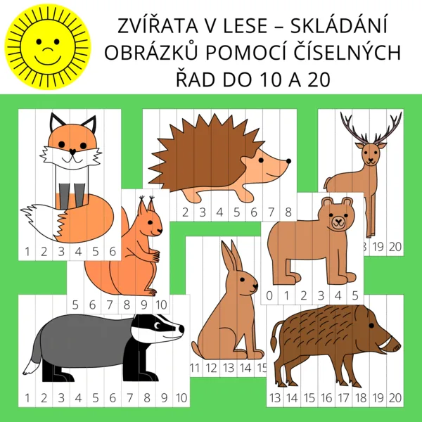 ZVÍŘATA V LESE – SKLÁDÁNÍ OBRÁZKŮ POMOCÍ ČÍSELNÝCH ŘAD DO 10 A 20