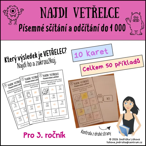 NAJDI VETŘELCE - písemné sčítání a odčítání do 1 000