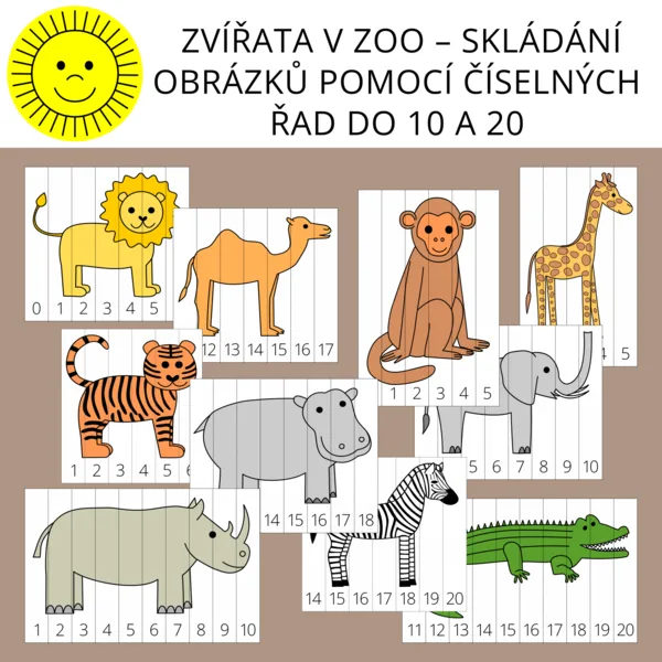 ZVÍŘATA V ZOO – SKLÁDÁNÍ OBRÁZKŮ POMOCÍ ČÍSELNÝCH ŘAD DO 10 A 20