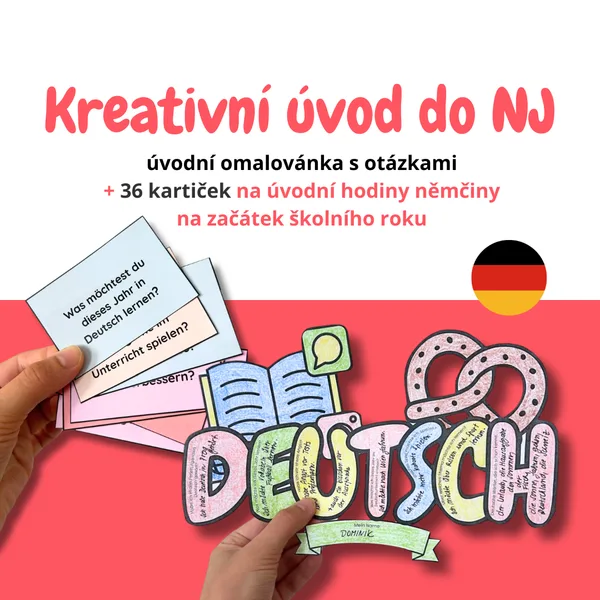 Kreativní úvod do hodin němčiny: omalovánka a 2x18 kartiček s otázkami
