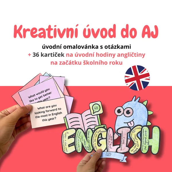 Kreativní úvod do hodin angličtiny: omalovánka a 2x18 kartiček s otázkami