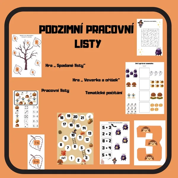 🍁PODZIMNÍ PRACOVNÍ LISTY, HRY - demonstrační obrázky čísel, hry na počítání do 10, hry s figurkami…