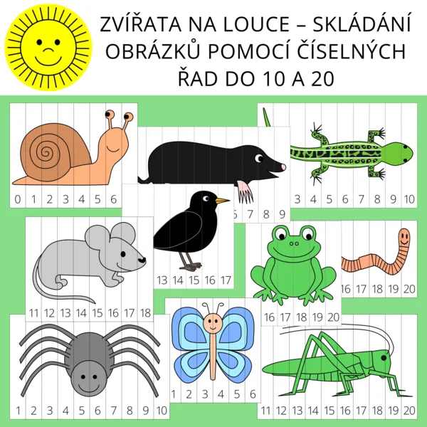 ZVÍŘATA NA LOUCE – SKLÁDÁNÍ OBRÁZKŮ POMOCÍ ČÍSELNÝCH ŘAD DO 10 A 20