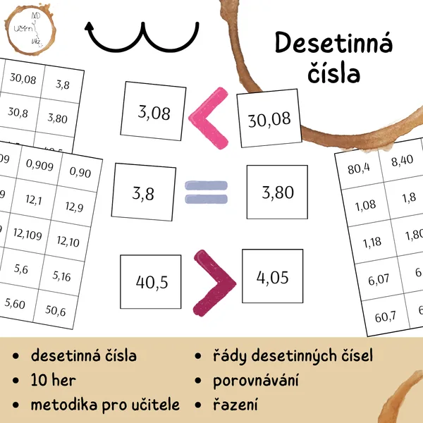 Desetinná čísla – porovnávání a řazení (78 kartiček + hry)