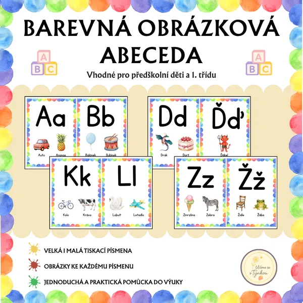 BAREVNÁ OBRÁZKOVÁ ABECEDA - velká a malá písmena s obrázky