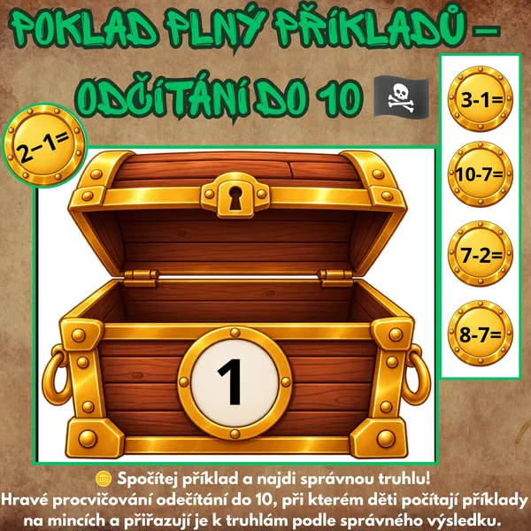 Poklad plný příkladů – odčítání do 10 🪙🏴‍☠️