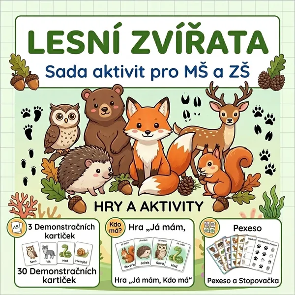 🍂 Lesní zvířata – vzdělávací materiály, demonstrační kartičky a hra „Já mám, kdo má?“