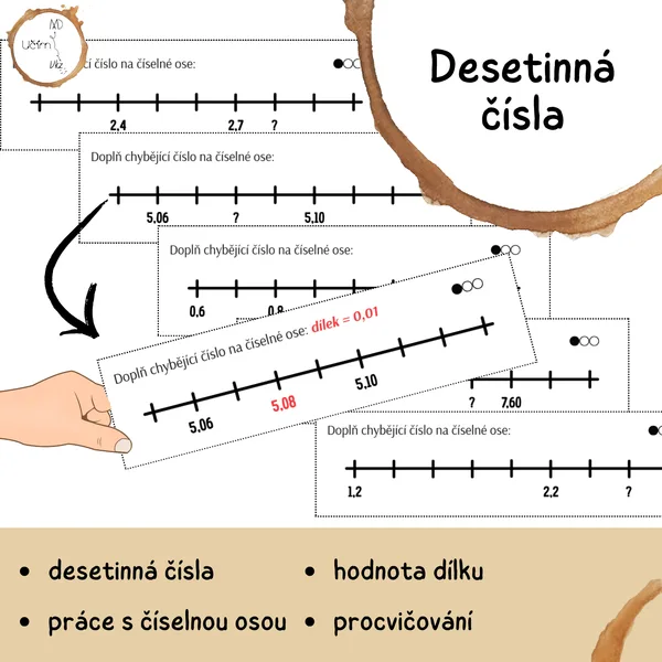 Desetinná čísla - práce s číselnou osou (30 oboustranných kartiček s kontrolou)