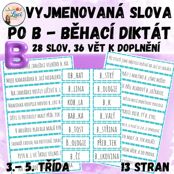 Vyjmenovaná slova po B - běhací diktát - 28 slov a 36 vět