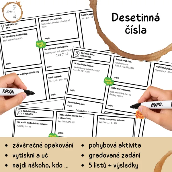 Desetinná čísla – Najdi někoho, kdo… (5 úrovní obtížnosti)