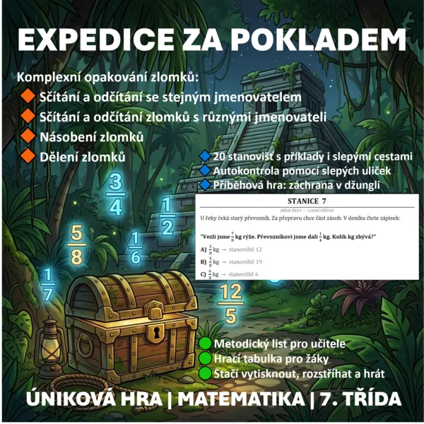 🗺️ Expedice za pokladem — Matematická úniková hra na zlomky (7. třída)
