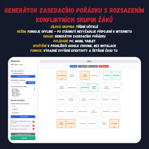🪑 Generátor zasedacího pořádku s rozsazením konfliktních skupin
