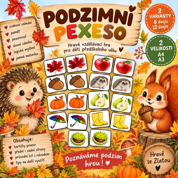 Podzimní pexeso pro MŠ 🍂 | 8 a 12 dvojic | A4 + A3