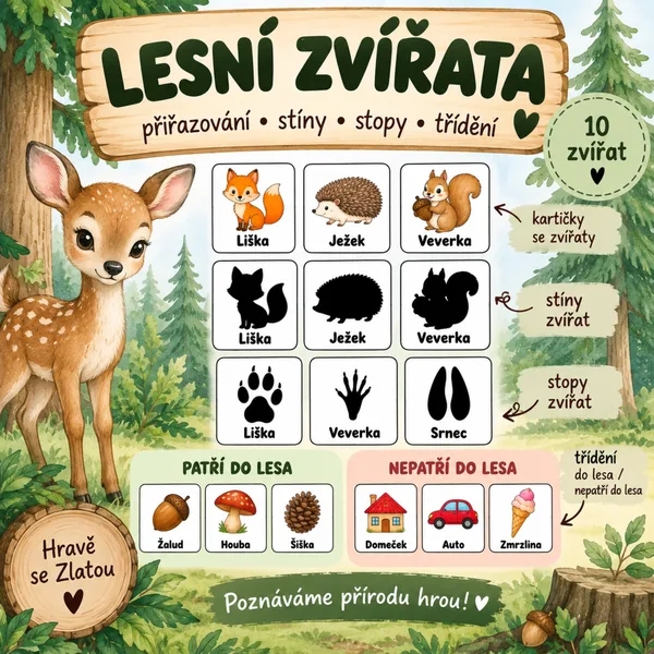 Lesní zvířata – přiřazování, stíny, stopy a třídění