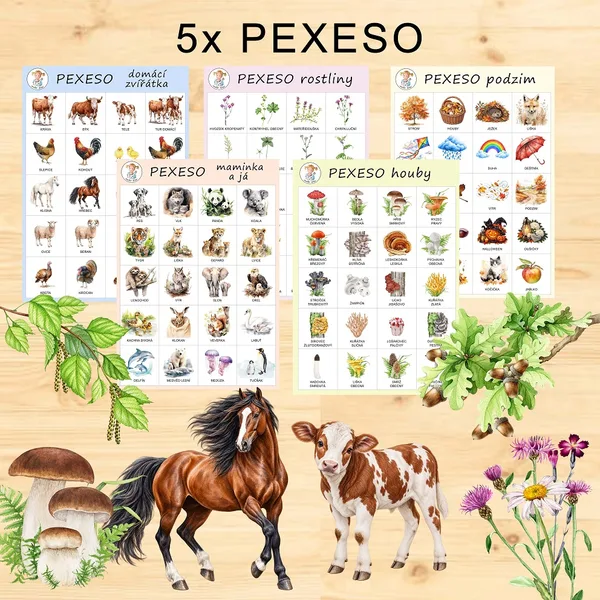 5x PEXESO - domácí zvířátka, houby, rostliny, podzim, maminka a já