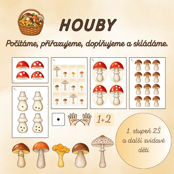 Houby - počítáme, přiřazujeme, doplňujeme a skládáme (1.stupeň ZŠ)