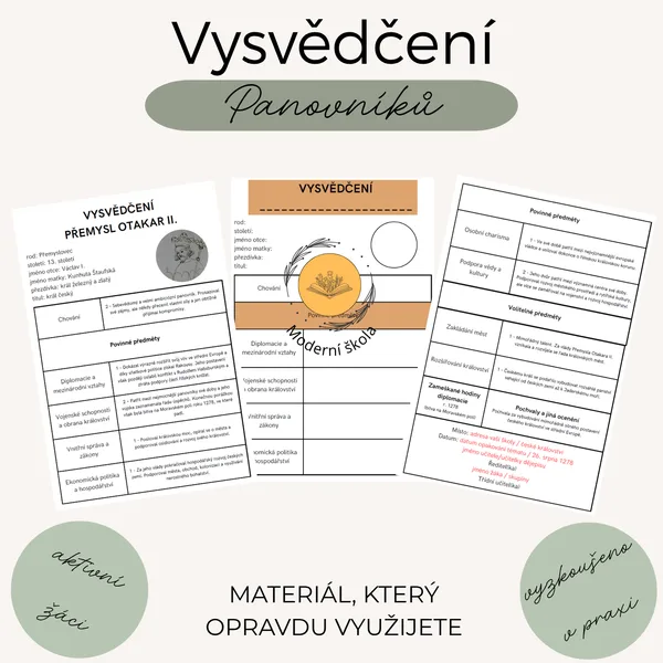 Vysvědčení panovníků – univerzální pracovní list + vzorové řešení