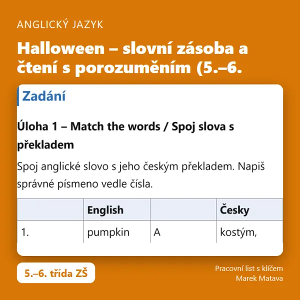 🎃 Halloween – slovní zásoba a čtení s porozuměním (5.–6. třída)