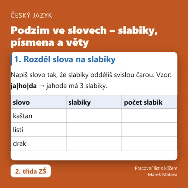 🍁 Podzim ve slovech – slabiky, písmena a věty (2. třída)