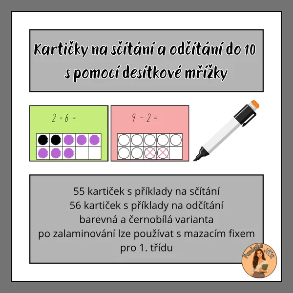Kartičky na sčítání a odčítání do 10 s pomocí desítkové mřížky