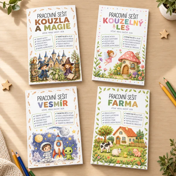 VELKÝ BALÍČEK 4 PRACOVNÍCH SEŠITŮ – Farma, Kouzelný les, Vesmír a Kouzelnická škola