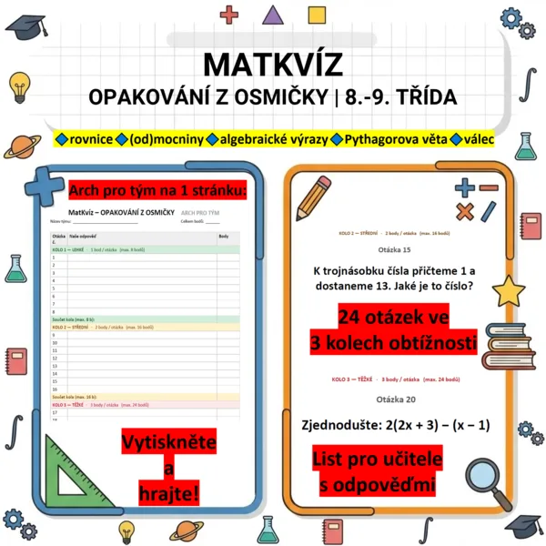 🎯 MatKvíz - Opakování z osmičky | 8.–9. třída