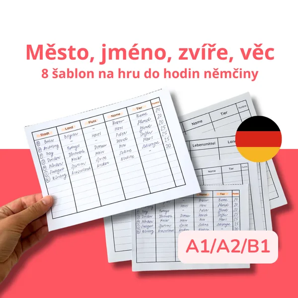 Město, jméno, zvíře, věc: 8 šablon na hru do hodin němčiny