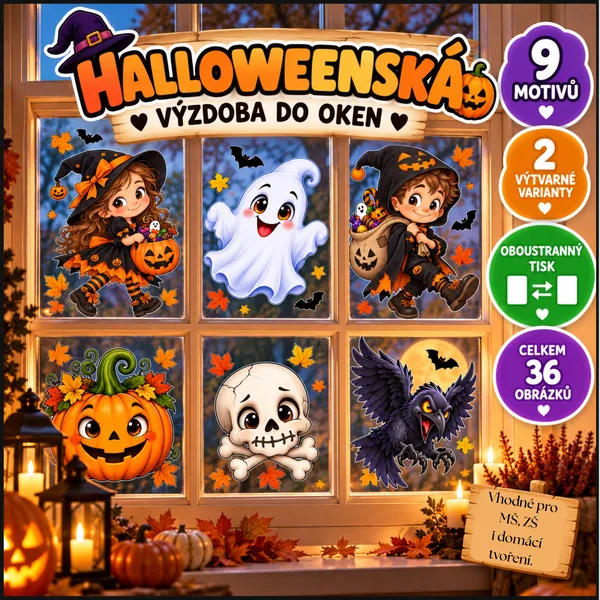 HALLOWEENSKÁ VÝZDOBA DO OKEN | 9 MOTIVŮ VE 2 VARIANTÁCH | OBOUSTRANNÝ TISK | 36 OBRÁZKŮ