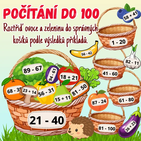 Sčítání a odčítání do 100 bez přechodu přes 10 / Počítání do 100 / Čísla do 100 / Ovoce a zelenina