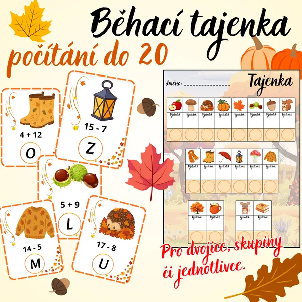 Běhací tajenka / Běhací příklady do 20 s přechodem přes 10 / Počítání do 20