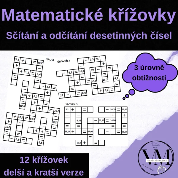 Matematické křížovky - sčítání a odčítání desetinných čísel