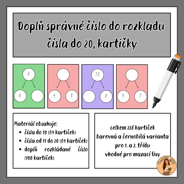 Doplň správné číslo do rozkladu - čísla do 20 - kartičky
