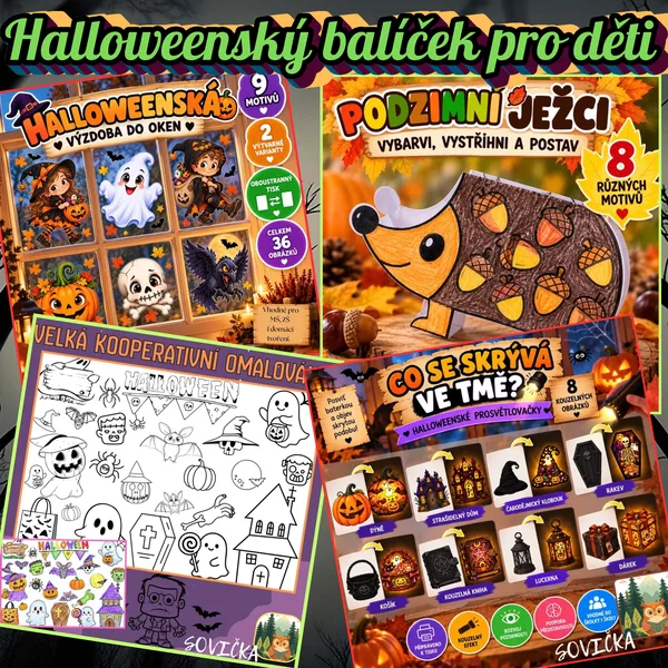 🎃 Halloweenský balíček pro děti – kooperativní omalovánka, prosvětlovačky, výzdoba do oken a skládací ježek