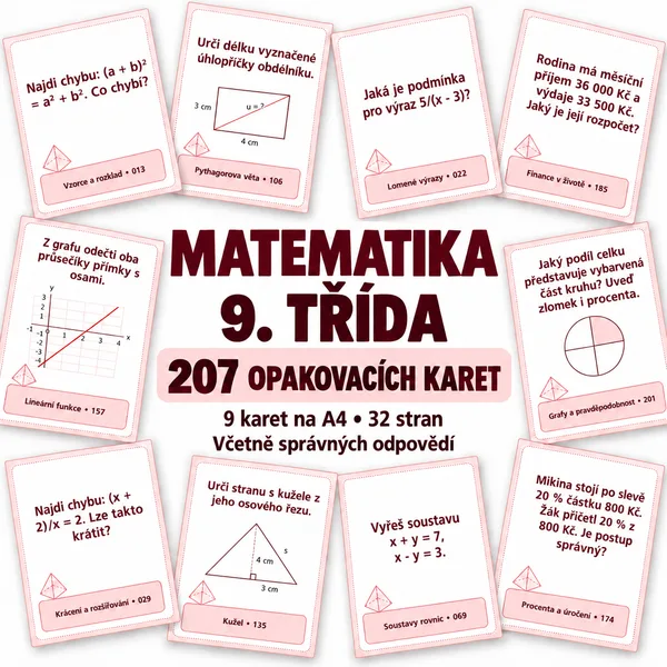 Matematika 9. třída – 207 opakovacích karet s odpověďmi