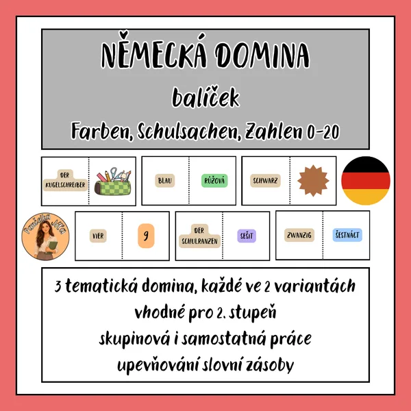 NĚMECKÁ DOMINA - balíček - Farben, Schulsachen, Zahlen 0-20