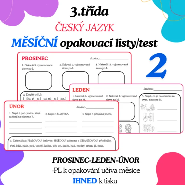 3. třída- MĚSÍČNÍ opakovací listy (prosinc-leden-únor)
