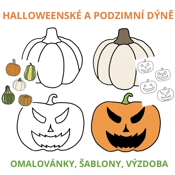 Halloweenské dýně - šablony, omalovánky, výzdoba (autorské ilustrace) 🎃