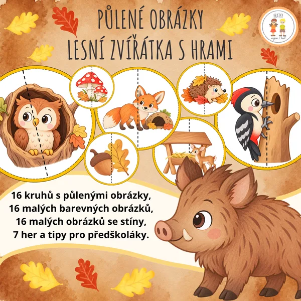 Lesní zvířátka s hrami - Půlené obrázky
