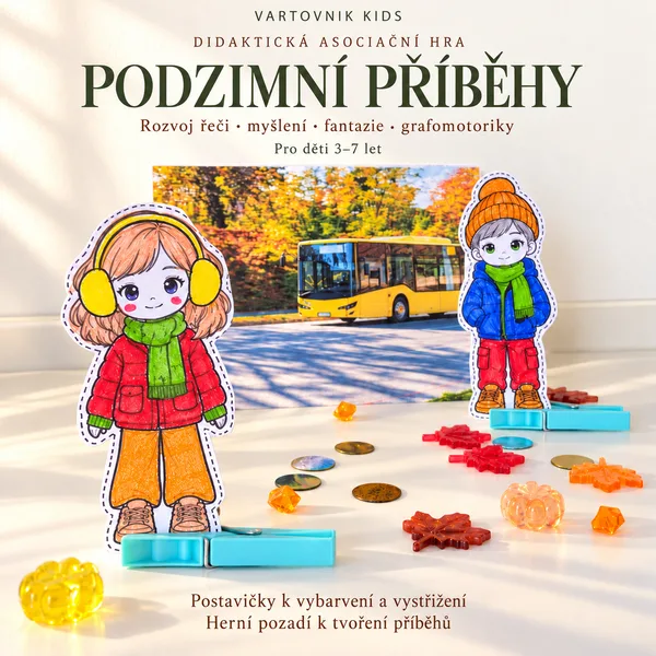 Podzimní hra s papírovými panenkami a herními pozadími – omalovánky, vystřihovánky, tvoření příběhů a rozvoj řeči pro děti 3–7 let